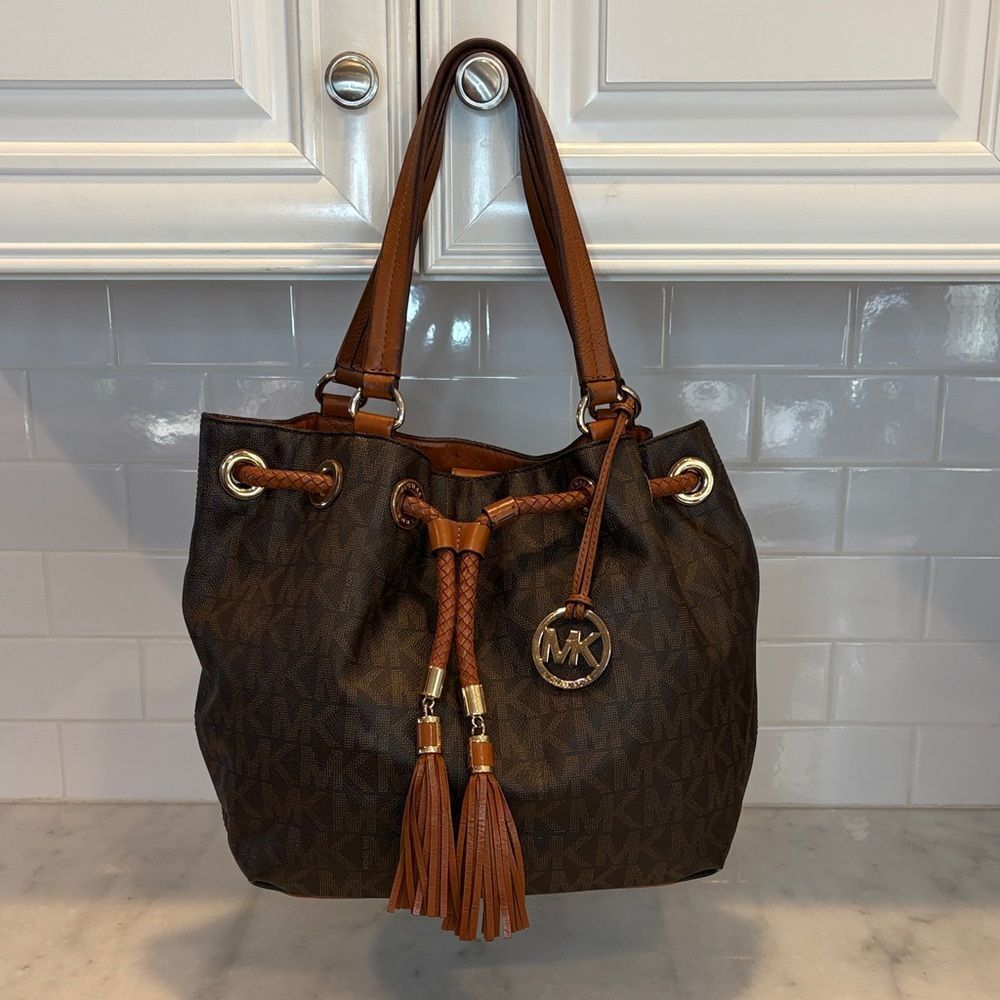 Michael Kors Bag Purse Handbag Leather Marina Signature Drawstring Tote Shoulder